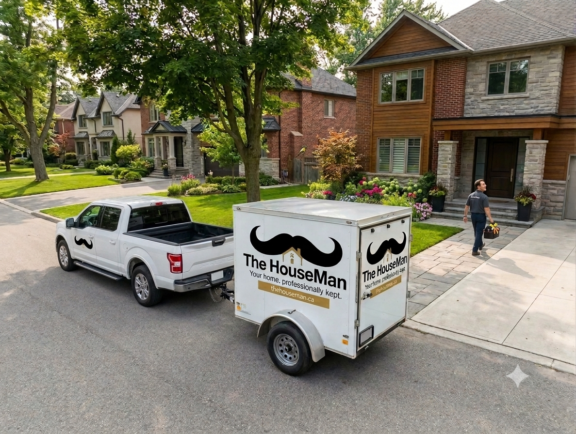 The HouseMan truck and branded trailer parked outside a residential home