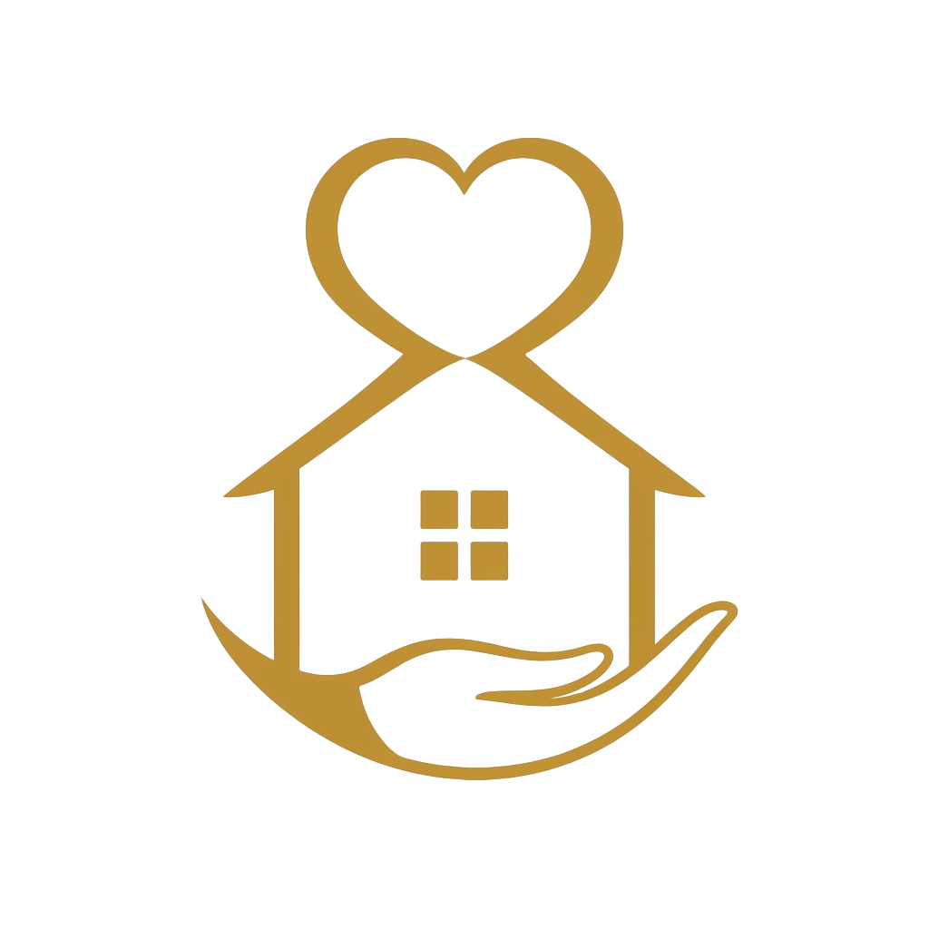 The HouseMan Cares emblem: a gold heart-shaped home held in a caring hand